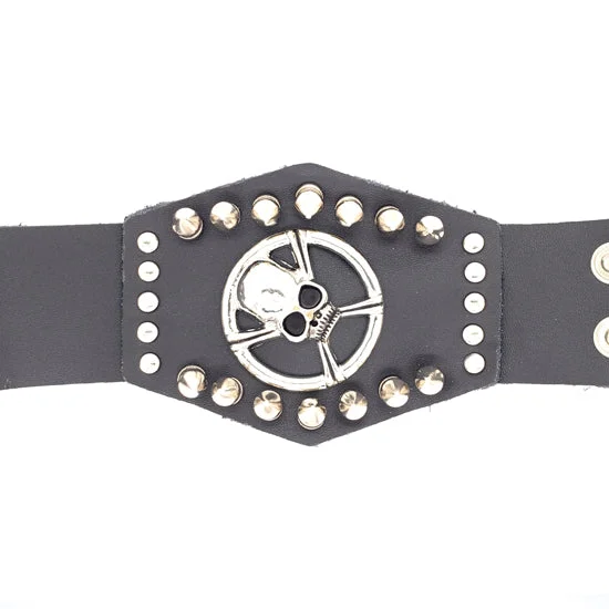 Ladies bracelets for friend dates -Black Leather Stainless Steel Skull And Crossbones Studded Bracelet / LBJ12414