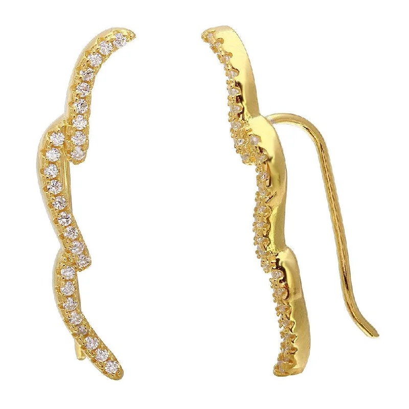 ladies-everyday-diamond-earrings-Gold Plated 925 Sterling Silver 3 CZ Waves Climbing Earrings - STE01075GLD