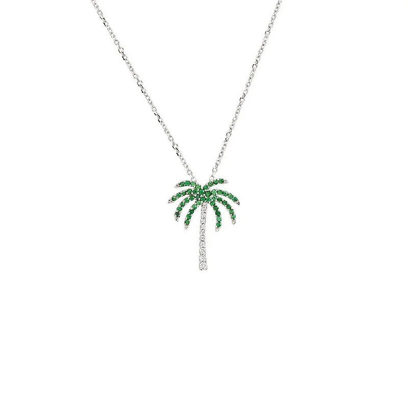 Ladies necklaces for explorers -Tsavorite Garnet & Diamond Palm Tree 14k White Gold Necklace, 16 Inch