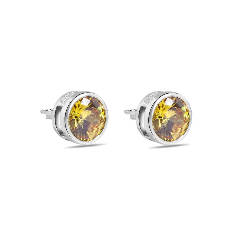 ladies-wedding-dangle-earrings-Final Price-Rhodium Plated 925 Sterling Silver Round Yellow CZ Earrings - STEM133