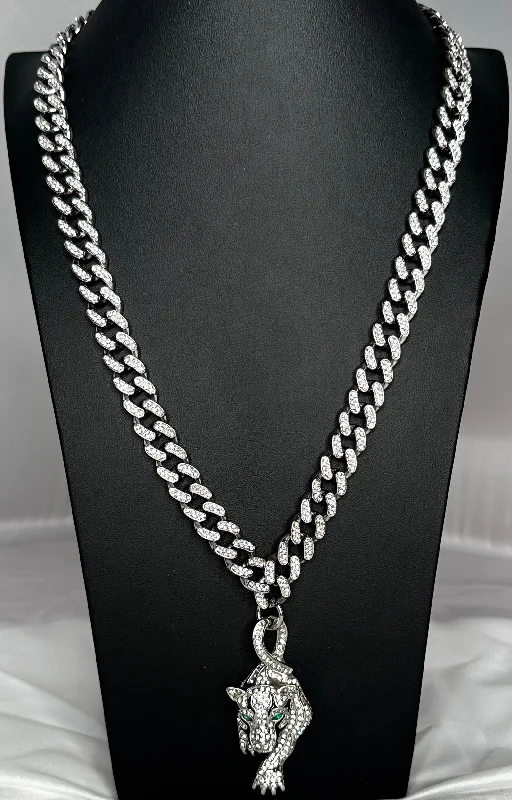 Ladies necklaces for lawyers -Silver Stainless Steel Iced Necklace with Luxurious Iced Panther Pendant - Exclusive