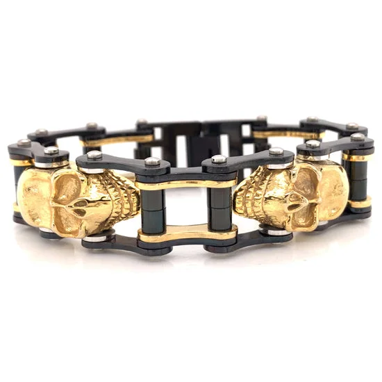 Ladies bracelets with prism charms -Stainless Steel Black And 18K Gold PVD Coated Skull Bracelet / WCB1003