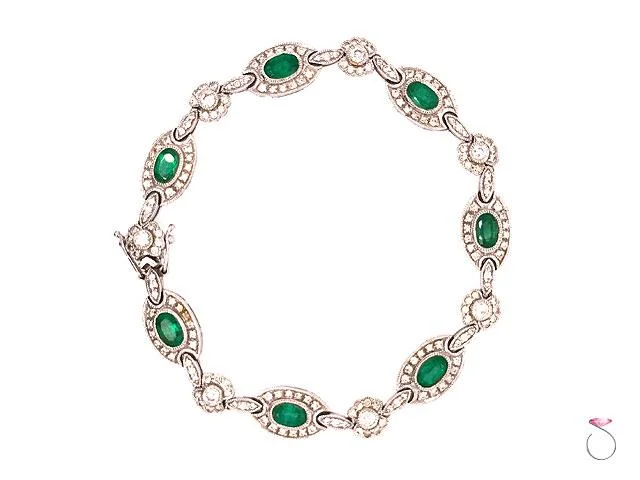 Ladies bracelets with cub charms -Colombia Emerald & Diamond Halo Tennis Bracelet, in 18K White Gold