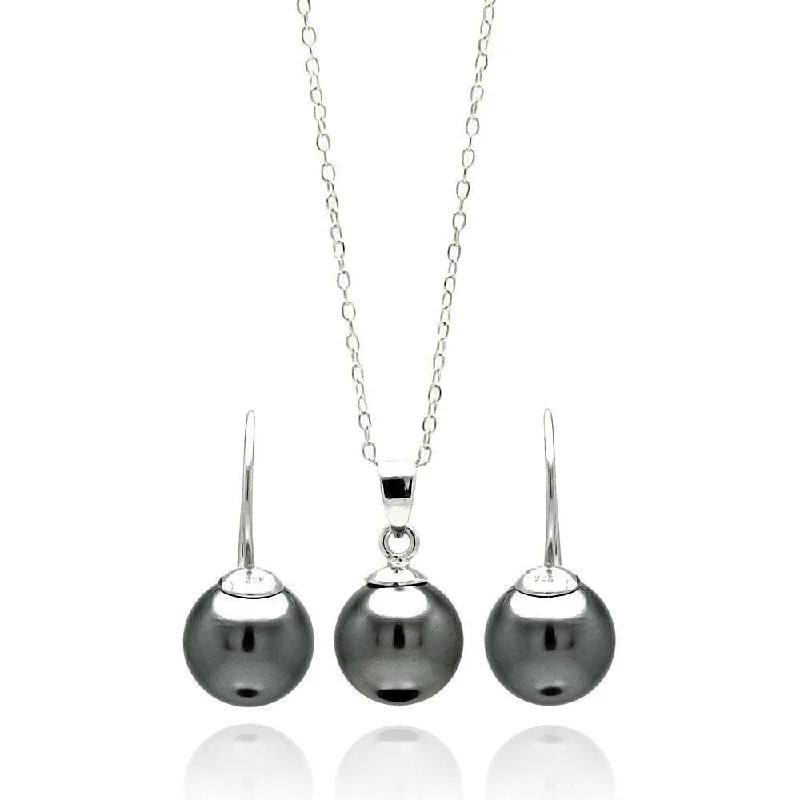 ladies-rustic-gold-earrings-Silver 925 Rhodium Plated Black Pearl Hanging Earring and Necklace Set - STS00460