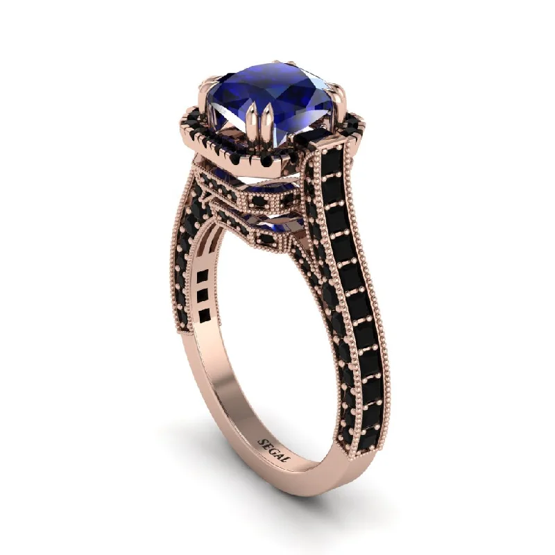 engagement-white-gold-custom-ring-Sapphire Three Halo Milgrain Engagement Ring - Mira No. 44