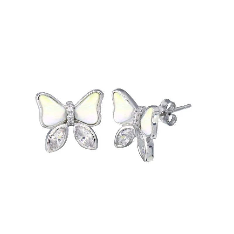 ladies-rose-gold-dangle-earrings-Rhodium Plated 925 Sterling Silver Simulated Pearl Clear CZ Butterfly Earring - STE01326