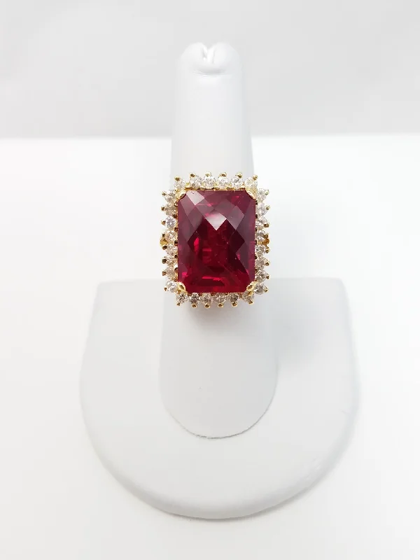 ladies-bridal-rose-gold-rings-Sensational 18k Yellow Gold Synthetic Ruby Natural Diamond Custom Ring