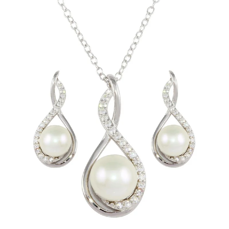 ladies-wedding-gold-earrings-Rhodium Plated 925 Sterling Silver Teardrop Necklace and Earring Set with Synthetic Pearl and CZ - BGS00476