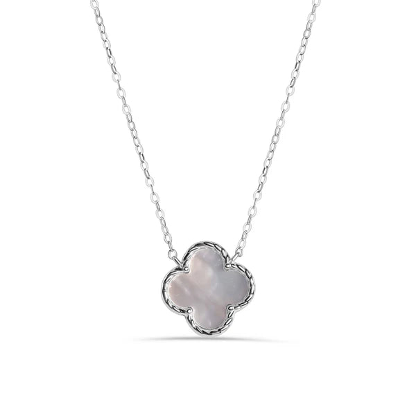 Ladies necklaces with nebula pendants -Rhodium Plated 925 Sterling Silver Synthetic Pearl Four Leaf Clover Adjustable Necklace