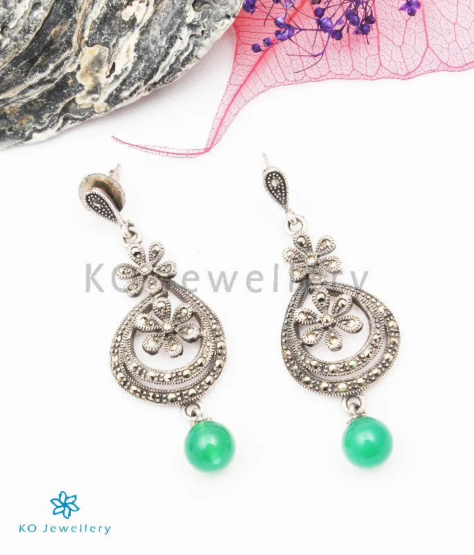 ladies-gold-flower-earrings-The Silver Marcasite Earrings (Green)