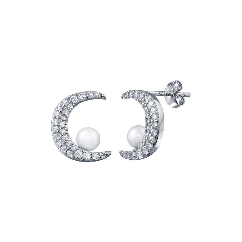 ladies-cross-gold-earrings-Rhodium Plated 925 Sterling Silver Crescent Moon Mother of Pearl and CZ Earring - STE01303