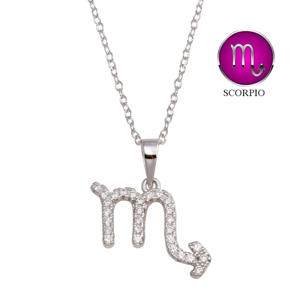 Ladies necklaces modern strands -Silver 925 Rhodium Plated Scorpio CZ Zodiac Sign Necklace