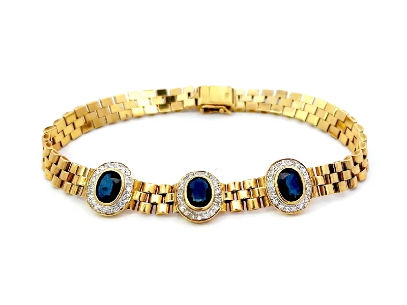 Ladies bracelets for club nights -Three Sapphire Diamond Halo Link Bracelet in 18k Yellow Gold