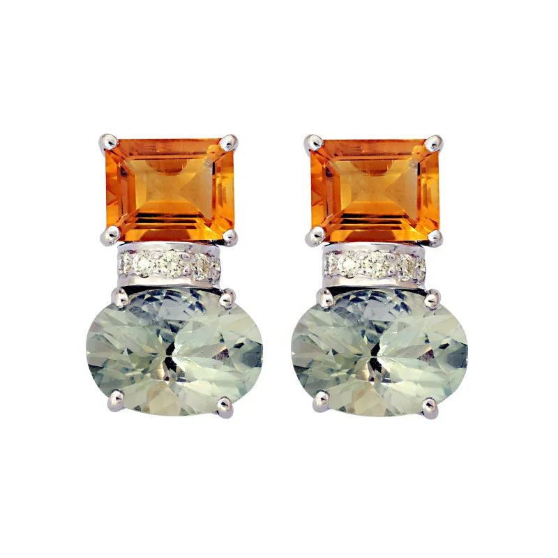 ladies-trendy-silver-earrings-Earrings-Citrine, Green Quartz and Diamond