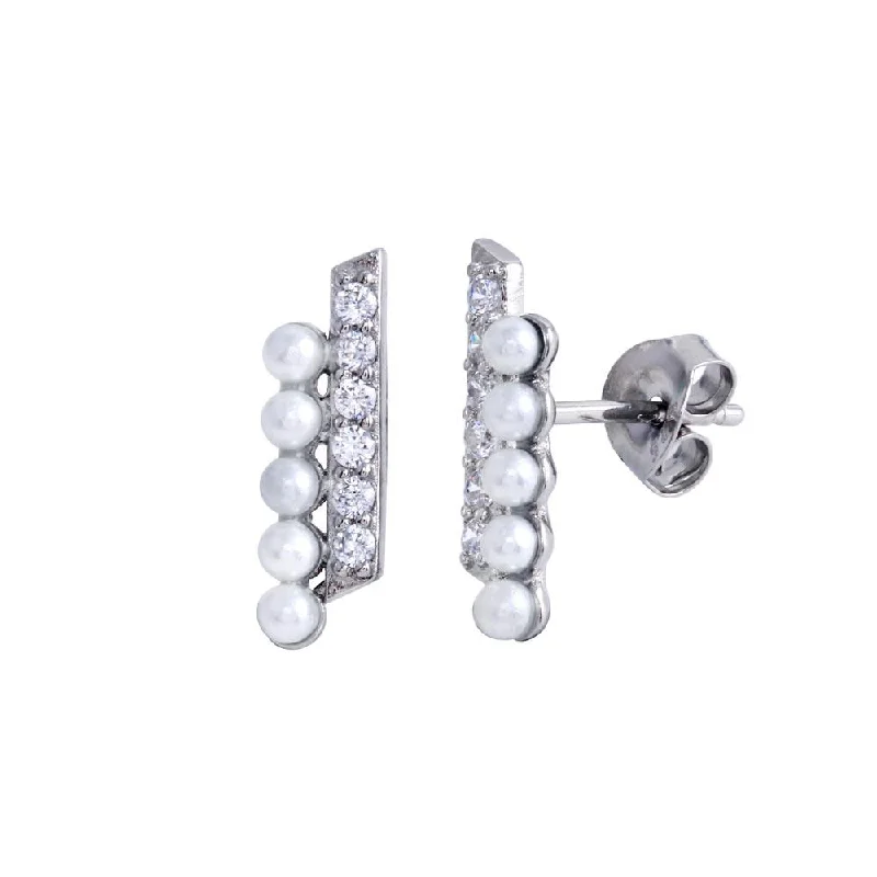 ladies-gift-dangle-earrings-Rhodium Plated 925 Sterling Silver Vertical Pearl and Clear CZ Earring - BGE00690