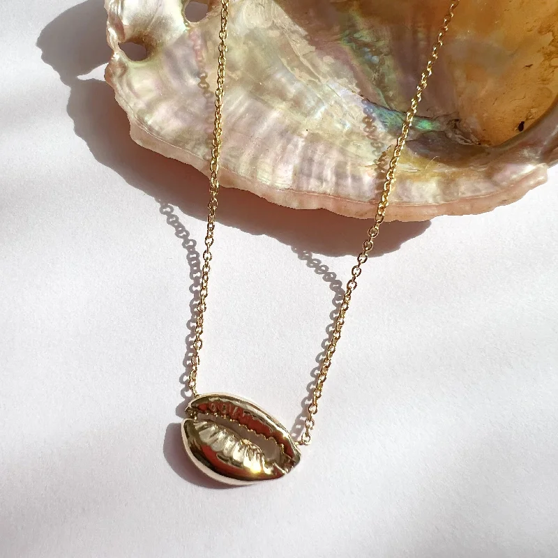 Ladies necklaces with red jasper -Baby 14k Cowrie necklace