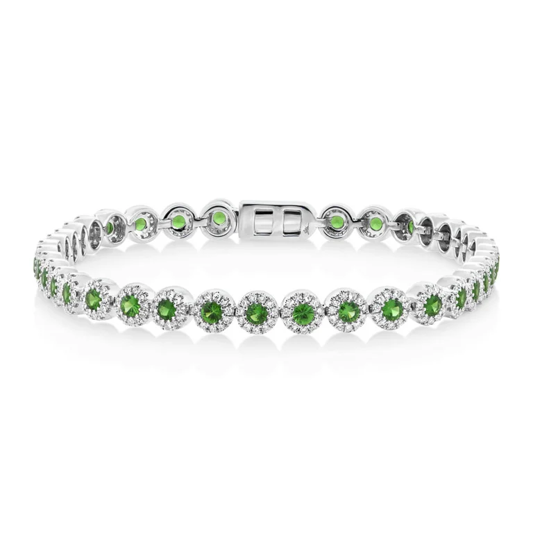 Ladies bracelets with velvet -14K White Gold Diamond and Green Garnet Tennis Bracelet