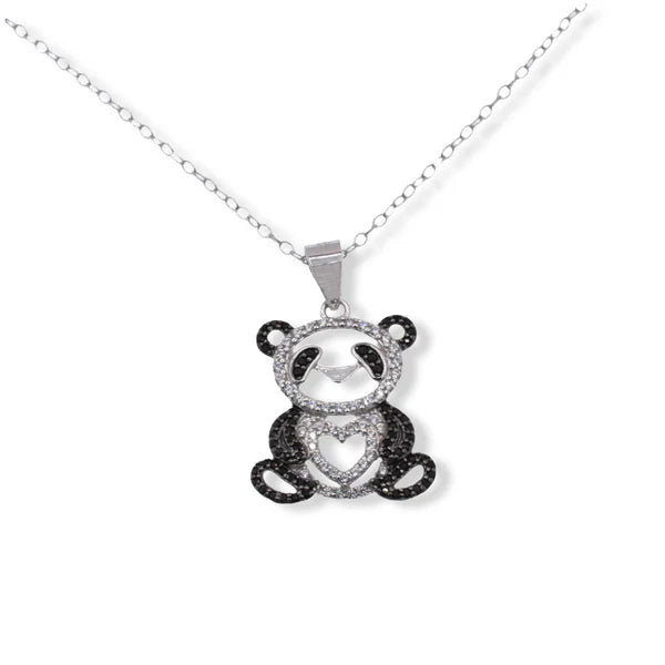 Ladies necklaces for explorers -Rhodium Plated 925 Sterling Silver Panda Heart Black and Clear CZ Pendant Necklace