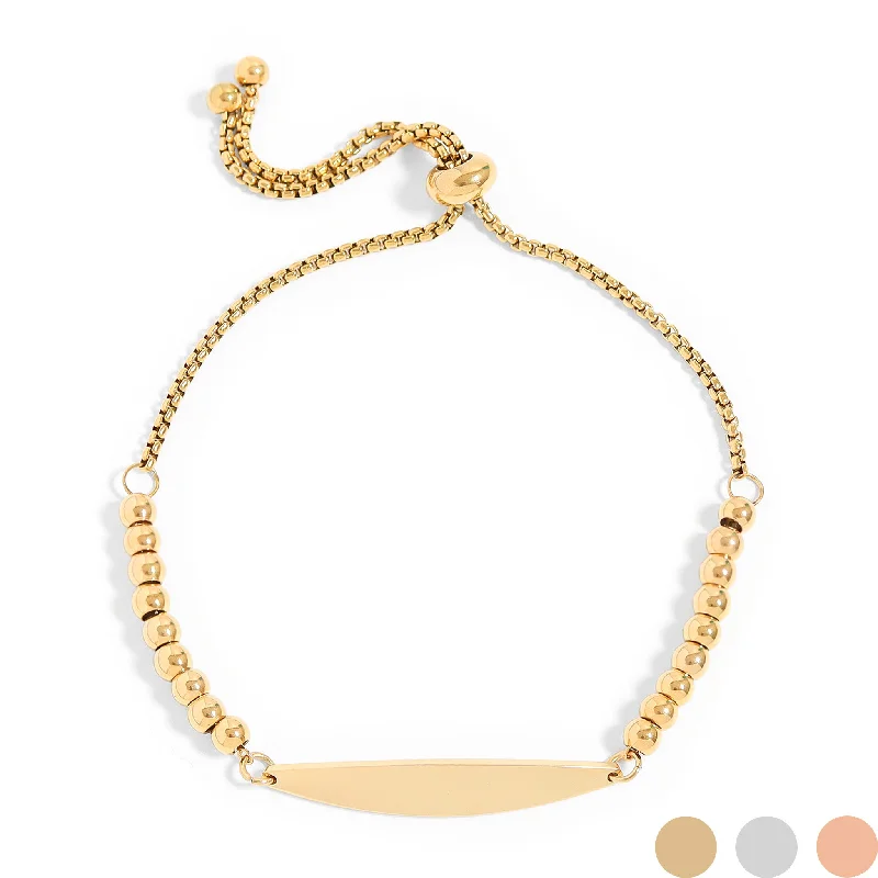 Ladies bracelets soft finish -18K Gold PVD Stainless Steel Adjustable Beaded Curved Blank Bar Bracelet / SBB0272