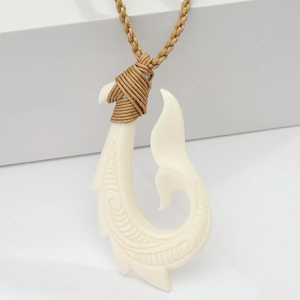 Ladies necklaces modern chains -Buffalo Bone Fish Hook Necklace w/Whale Tail 30x55mm