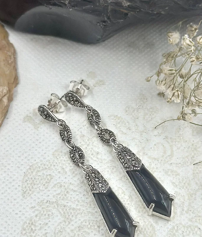 ladies-gold-tassel-earrings-The Silver Marcasite Earrings (Black)