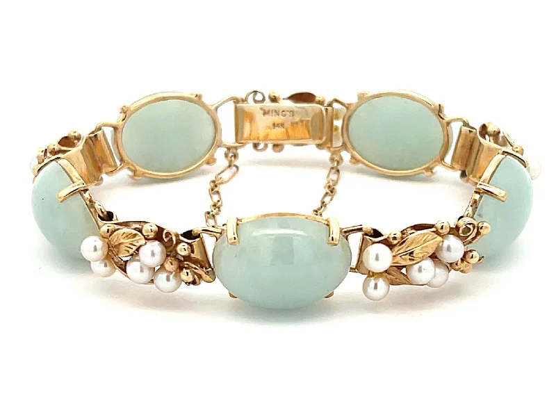 Ladies bracelets for nature walks -Mings Hawaii Oval Jade and Pearl Leaf Bracelet in 14K Yellow Gold