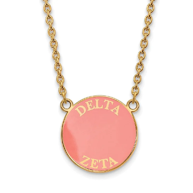 Ladies necklaces with mermaid pendants -14K Plated Silver Delta Zeta Large Pink Enamel Disc Necklace