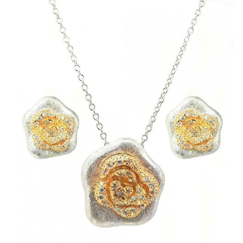 ladies-charm-gold-earrings-Clearance-Silver 925 Rhodium and Gold Plated Flower Clear CZ Stud Earring and Necklace Set - BGS00114