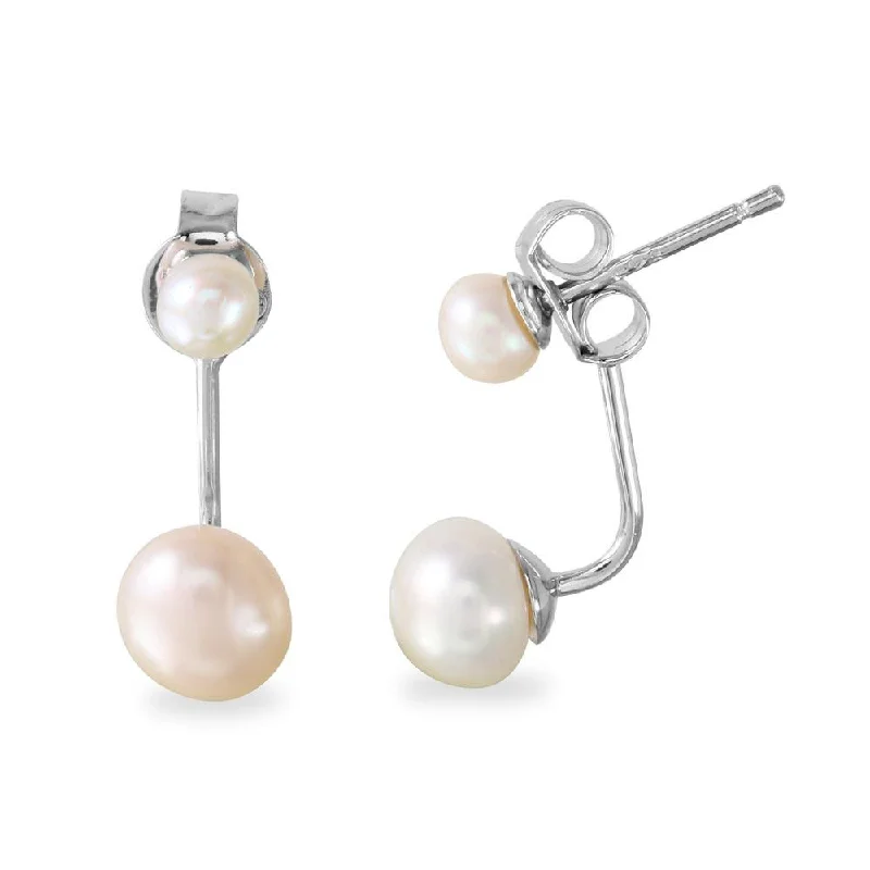 ladies-party-drop-earrings-Rhodium Plated 925 Sterling Silver Dropped Fresh Water Pearl Front and Back Earrings - BGE00525