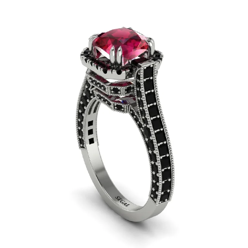 engagement-silver-three-stone-ring-Ruby Three Halo Milgrain Engagement Ring - Mira No. 42