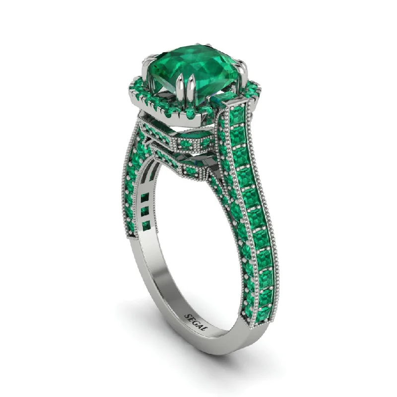 engagement-luxury-diamond-ring-Emerald Three Halo Milgrain Engagement Ring - Mira No. 21