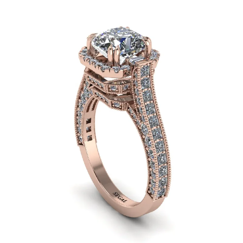 engagement-modern-platinum-ring-Diamond Three Halo Milgrain Engagement Ring - Mira No. 2