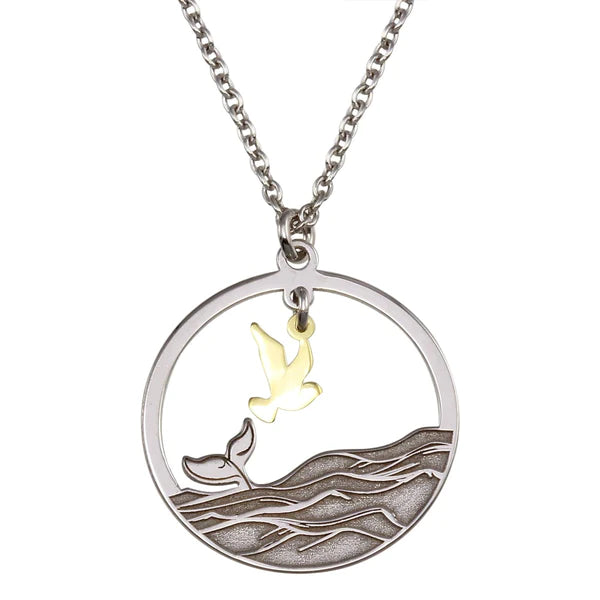 Ladies necklaces for coffee dates -Sterling Silver 925 Two Toned Whale Tail and Bird Pendant Necklace