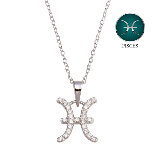 Ladies necklaces for craft fairs -Silver 925 Rhodium Plated Pisces CZ Zodiac Sign Necklace