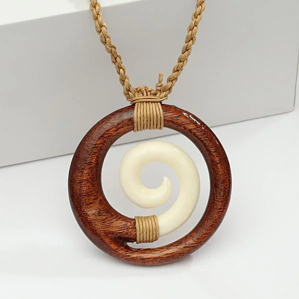 Ladies necklaces classic strands -Koa Wood/Cow Bone Wave in Circle Necklace 40mm