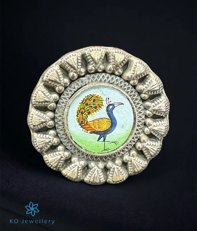 ladies-promise-gold-rings-The Hritvi Silver Handpainted Peacock Open Finger Ring