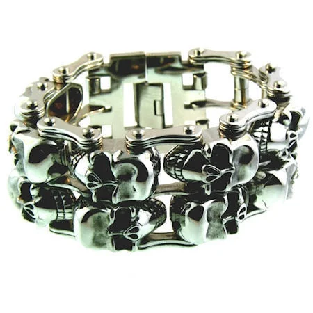 Ladies bracelets sleek strands -Stainless Steel Double Skulls Alternating Bike Chain Bracelet / WCB1006