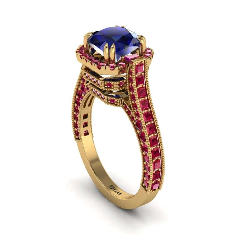 engagement-radiant-cut-gold-ring-Sapphire Three Halo Milgrain Engagement Ring - Mira No. 58