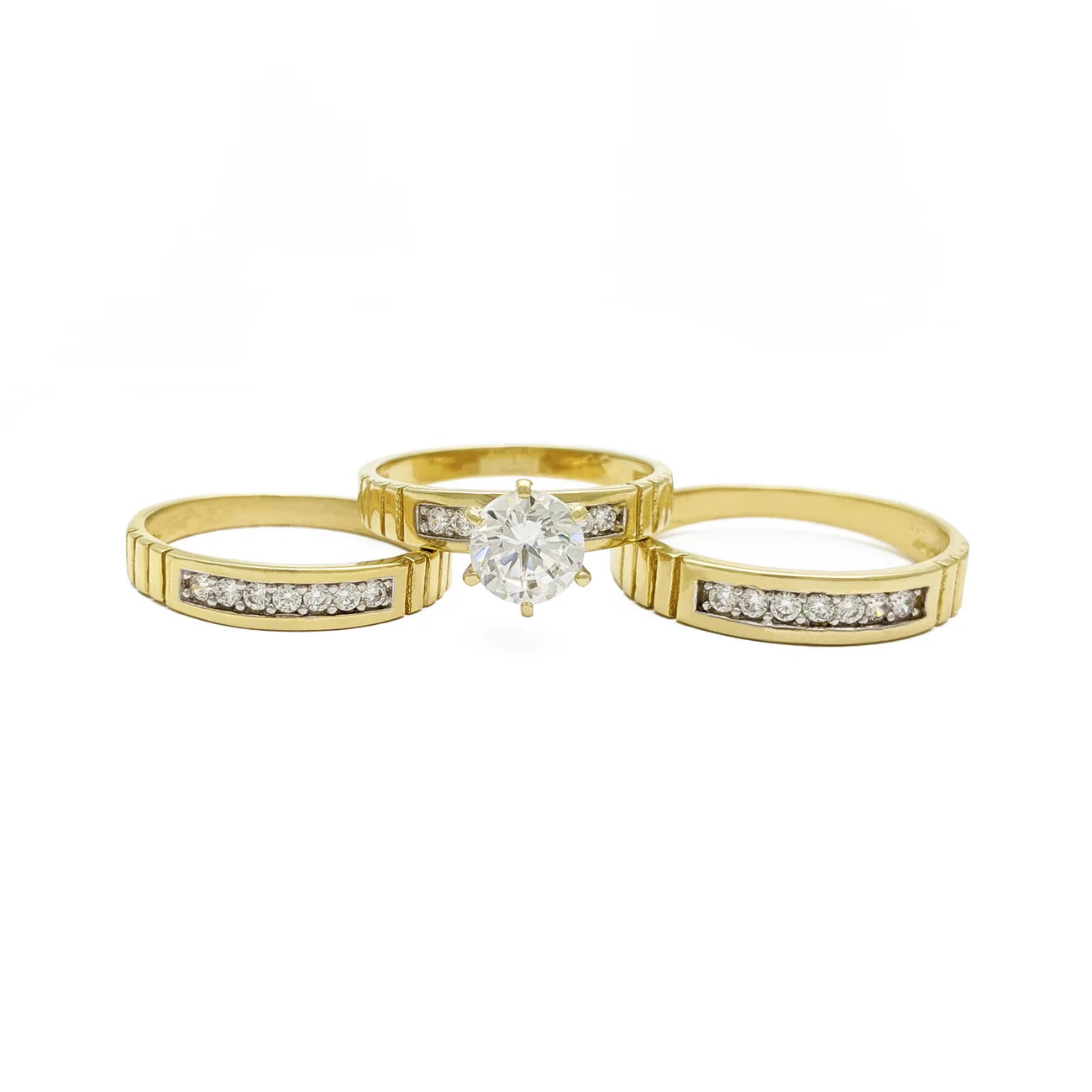 engagement-wedding-gold-ring-Three-Rings Round Cut Ribbed Engagement Wedding Set (14K)