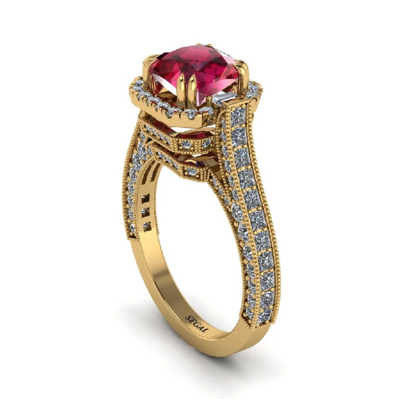 engagement-cushion-cut-diamond-ring-Ruby Three Halo Milgrain Engagement Ring - Mira No. 10