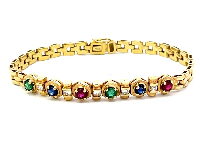 Ladies bracelets with comet charms -Emerald Sapphire Ruby and Diamond Bracelet in 18k Yellow Gold