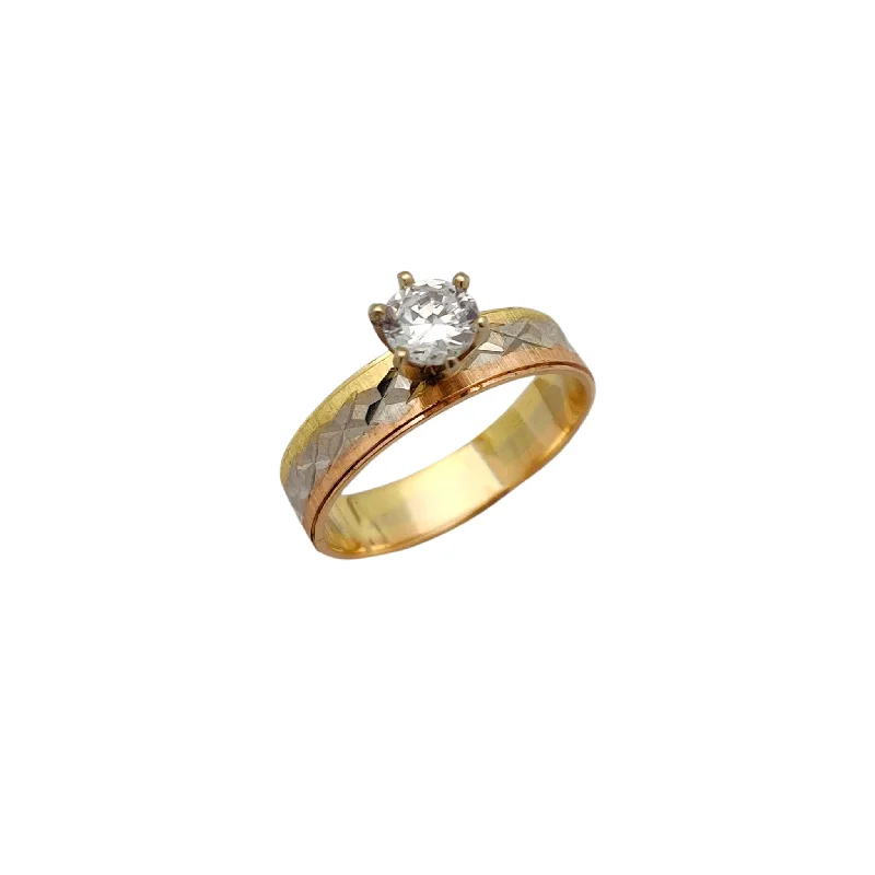 engagement-wedding-white-gold-ring-Tri-Tone Stellated Diamond-Cut CZ Engagement Ring (14K)