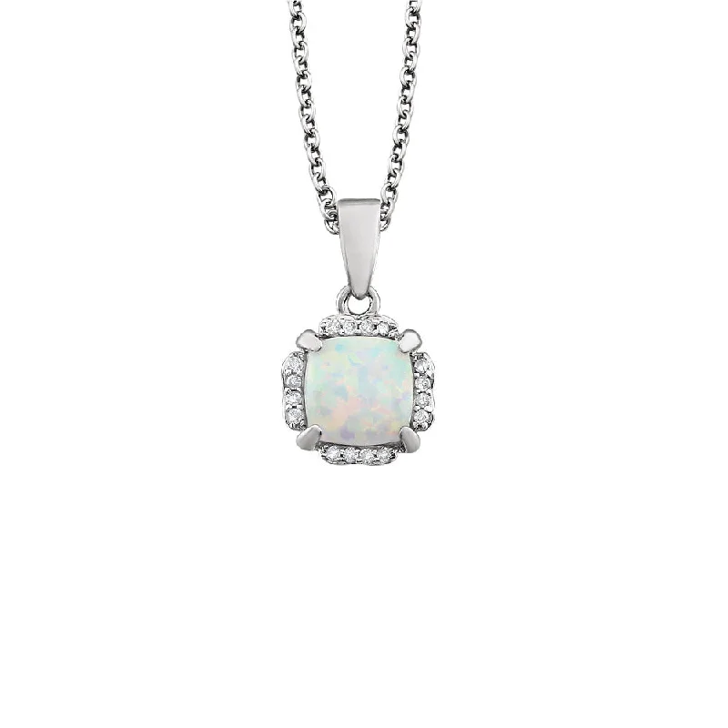 Ladies necklaces with rhodonite -Cushion Created White Opal & Diamond 14k White Gold Necklace, 18 Inch