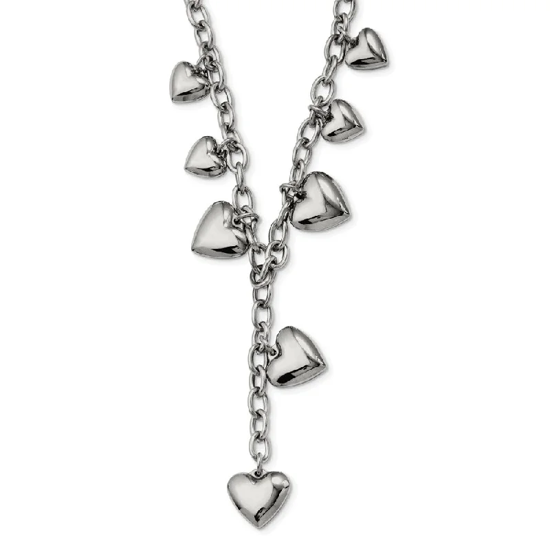 Ladies necklaces for grandmothers -Stainless Steel Puffed Hearts Y Necklace - 18 Inch