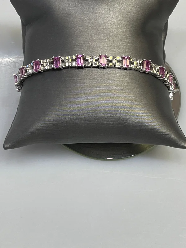 Ladies bracelets for thespians -18 Karat White Gold Diamond And Pink Sapphire Bracelet Gorgeous Baguette Diamonds & Emerald Cut Sapphire Bracelet