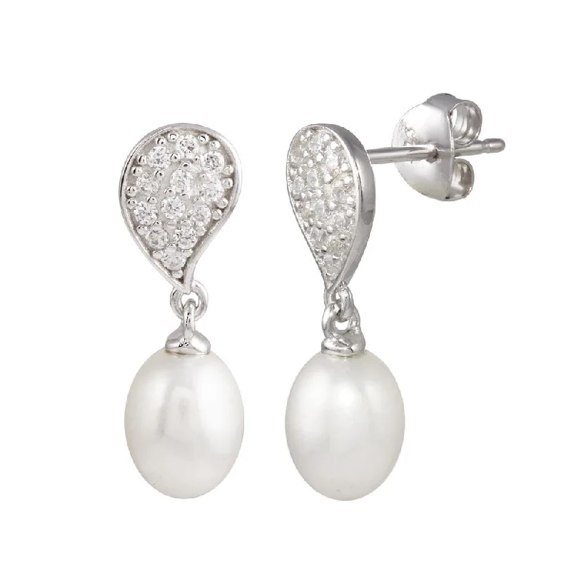 ladies-silver-star-earrings-Rhodium Plated 925 Sterling Silver CZ Encrusted Teardrop Dangling Pearl Earring - BGE00629