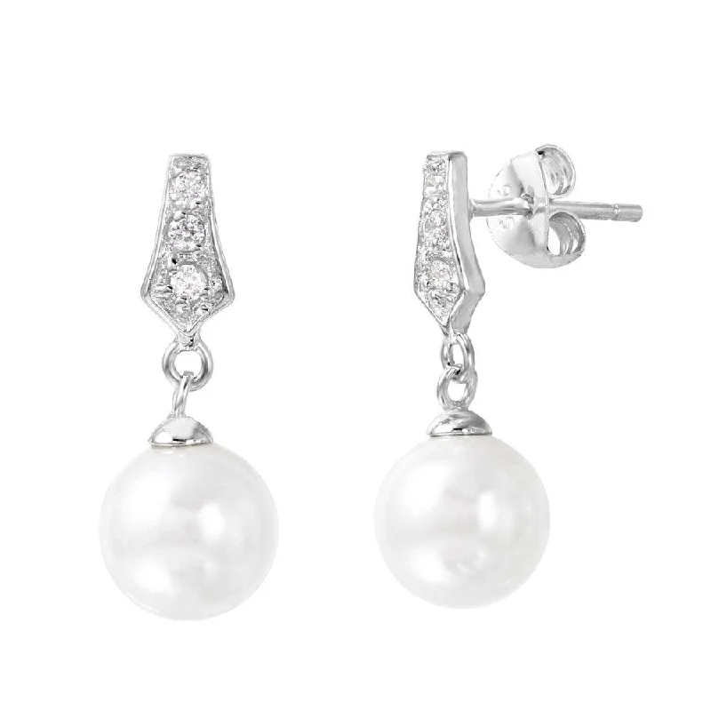 ladies-party-silver-earrings-Silver 925 Rhodium Plated CZ Dangling Pearl Post Earrings - BGE00420