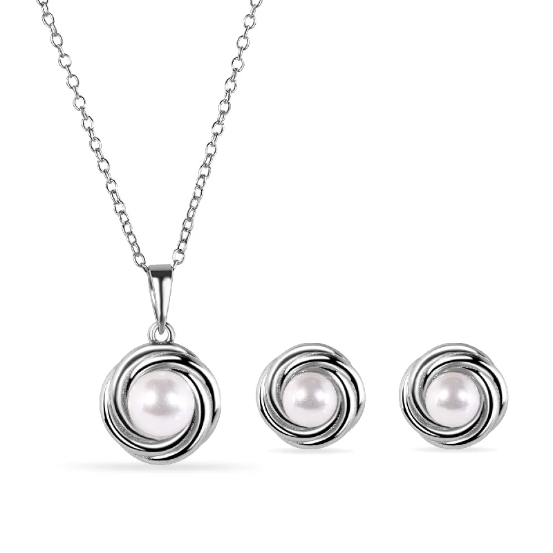 ladies-party-hoop-earrings-Rhodium Plated 925 Sterling Silver Round Swirl Design Syntethic Mother of Pearl Necklace and Stud Earring Matching Set  - BGS00628