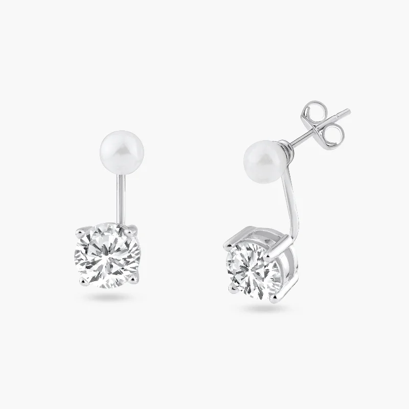 ladies-ethnic-beaded-earrings-Silver 925 Rhodium Plated Pearl Front and Back Earrings - STE00990