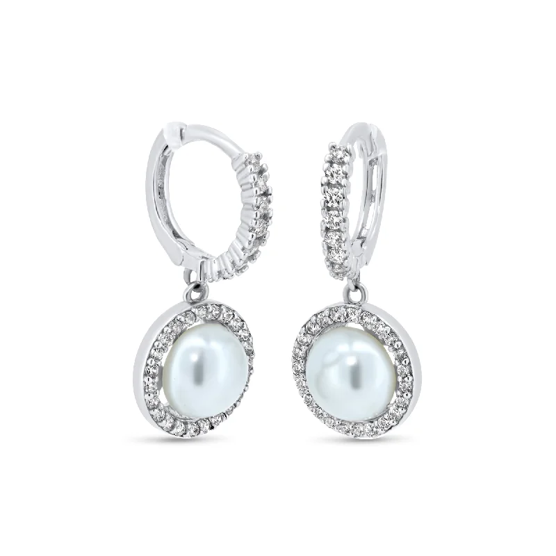 ladies-pearl-hoop-earrings-Rhodium Plated 925 Sterling Silver CZ Mother of Pearl 11.2mm Hoop Earrings - GME00144